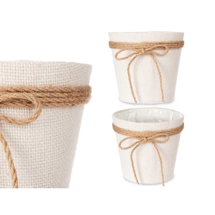 Ibergarden Macetero de Tela Blanco con Lazo Marrón - Elegante y Funcional para Plantas, Fabricado con Plástico y Cuerda, 15x14 cm (24 Unidades)