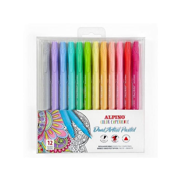 Alpino Rotuladores Dual Artist Pastel Color Experience Doble Punta Fina-Pincel C-Surtidos Estuche 12 Ud