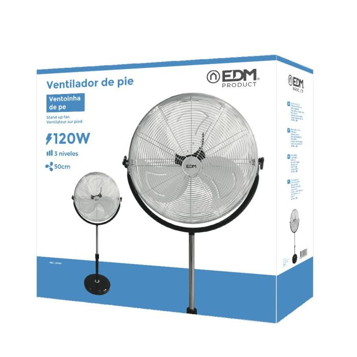 Ventilador de pie industrial, con base circular. cromado/negro potencia: 120w aspas: ø50cm altura regulable 118-148cm edm 3