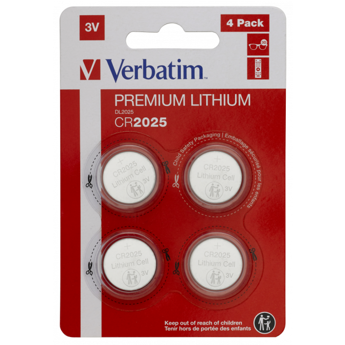 Verbatim CR2025 Pila de Botón Litio 3V, Pack de 4, para Dispositivos Electrónicos, Gafas 3D, Mandos y Cámaras