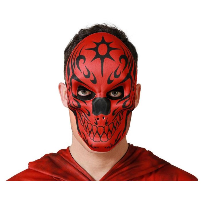 Máscara Calavera Roja con Llamas Negras y Sonrisa Malévola. Perfecta para Halloween y Eventos Góticos.