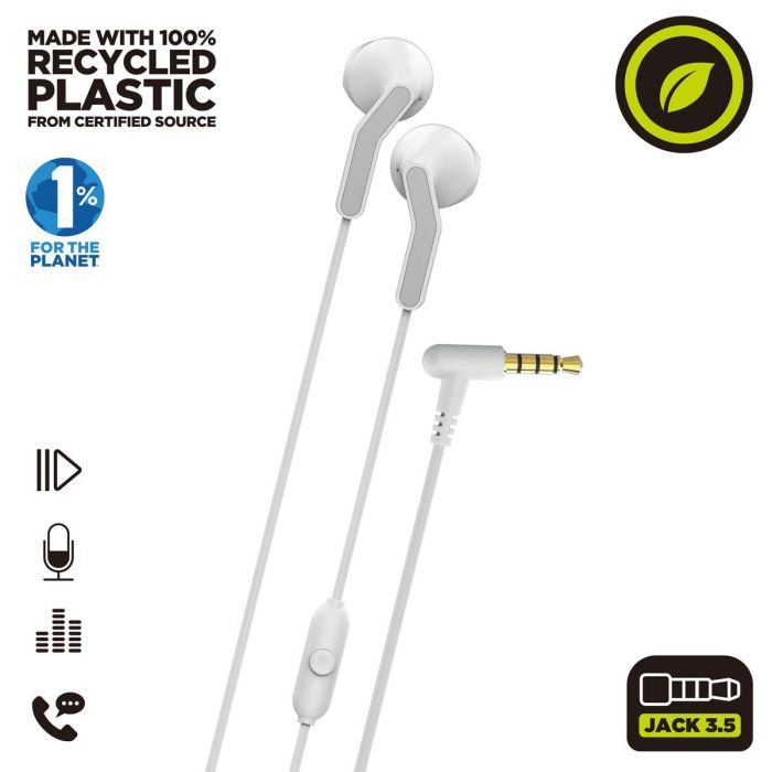 Muvit Auriculares E56 Blanco, Estéreo Ergonómicos con Micrófono y Conector Jack 3.5mm, Plástico Reciclado Certificado, Packaging Sostenible FSC 10 Muvit Auriculares E56 Blanco, Estéreo Ergonómicos con Micrófono y Conector Jack 3.5mm, Plástico Reciclado Certificado, Packaging Sostenible FSC 10