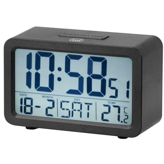 Trevi SLD 3P60 Reloj Despertador Digital Negro Rectangular con Calendario, Termómetro, Función Snooze y Retroiluminación, Alimentado por Pilas AA