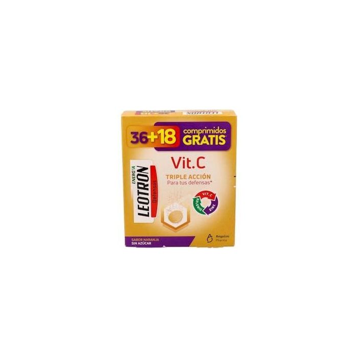 Leotron Vitamina C Comprimidos Efervescentes Triple Acción Defensas con Zinc Selenio Sabor Naranja 54 Comprimidos para +12 Años