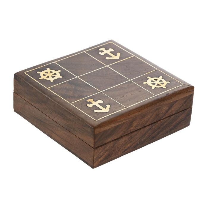 DKD Home Decor Juego Atlantico Marron Dorado Acacia Set de 2 Piezas Tic Tac Toe 10 x 4 x 10 cm 2