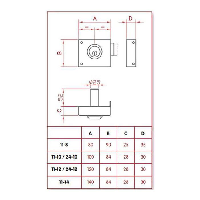 Jis Cerradura de sobreponer solo llave derecha 11-10d, cilindro fijo 52mm, dorado 1