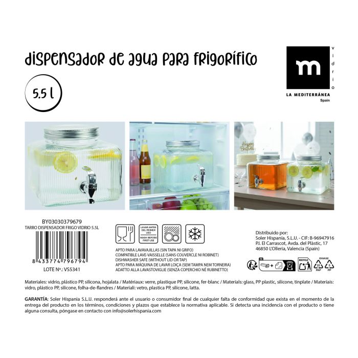 Inde Tarro Dispensador Frigo de Vidrio 5.5 Litros - Capacidad 5.5L, Medidas 21x21x18.5 cm (6 Unidades) Inde Tarro Dispensador Frigo de Vidrio 5.5 Litros - Capacidad 5.5L, Medidas 21x21x18.5 cm (6 Unidades)