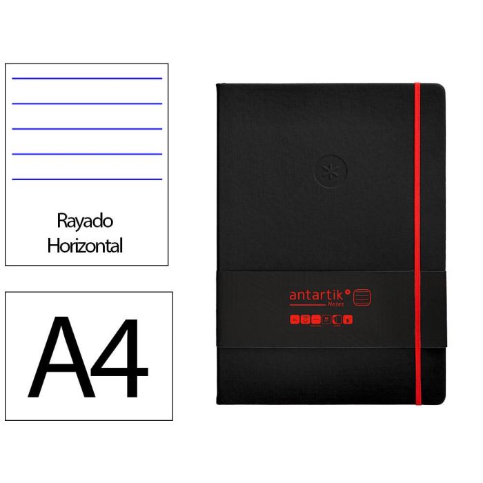 Cuaderno Con Gomilla Antartik Notes Tapa Dura A4 Hojas Rayas Negro Y Rojo 100 Hojas 80 gr Fsc