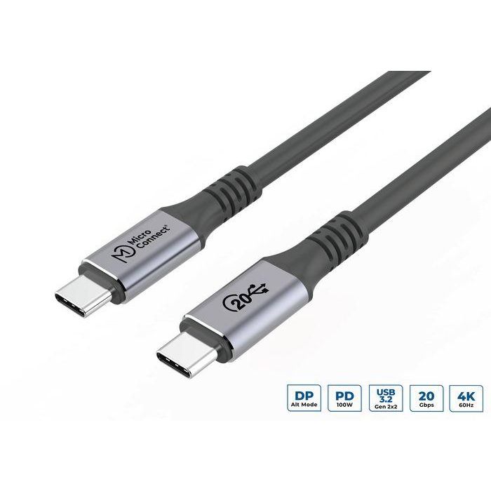 MicroConnect Cable USB-C 3.2 Gen 2x2 premium 20Gbps, 100W Power Delivery, carga rápida 5A, vídeo 4K, 8 metros