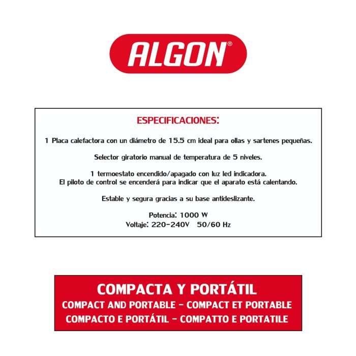 Cocina Eléctrica Algon 1 Placa 1000W (4 Unidades) 6 Cocina Eléctrica Algon 1 Placa 1000W (4 Unidades) 6