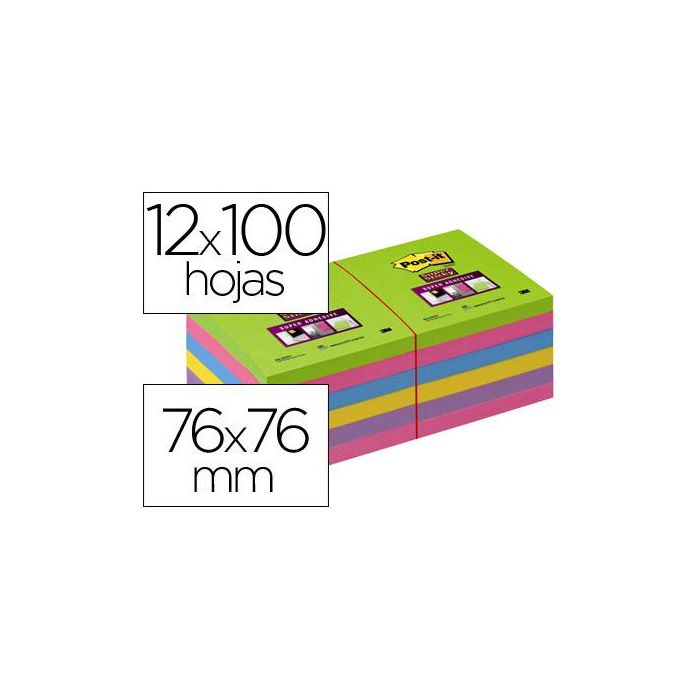 Bloc De Notas Adhesivas Quita Y Pon Post-It Super Stick Ultra 76x76 mm Pack De 12 Bloc Verde Rosa Amarilla