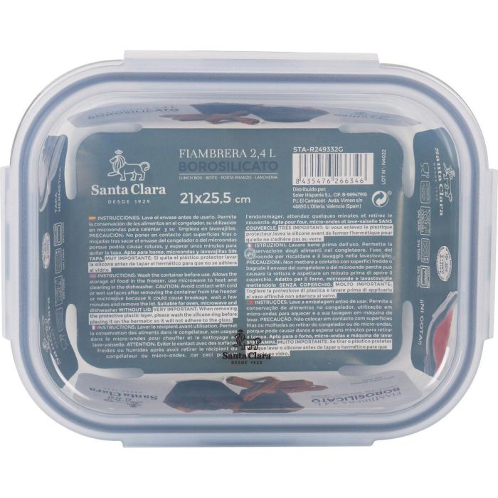 Fiambrera Hermética Santa Clara Transparente Rectangular 2,4 L (4 Unidades) 1 Fiambrera Hermética Santa Clara Transparente Rectangular 2,4 L (4 Unidades) 1
