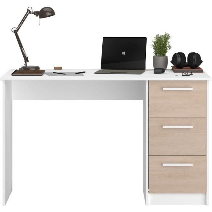 Office Essential Parisot 3 Cajones - Decoración Chene y Blanca - L 121.2 x D 55 x H 74.5 cm - Hecho en Francia 2