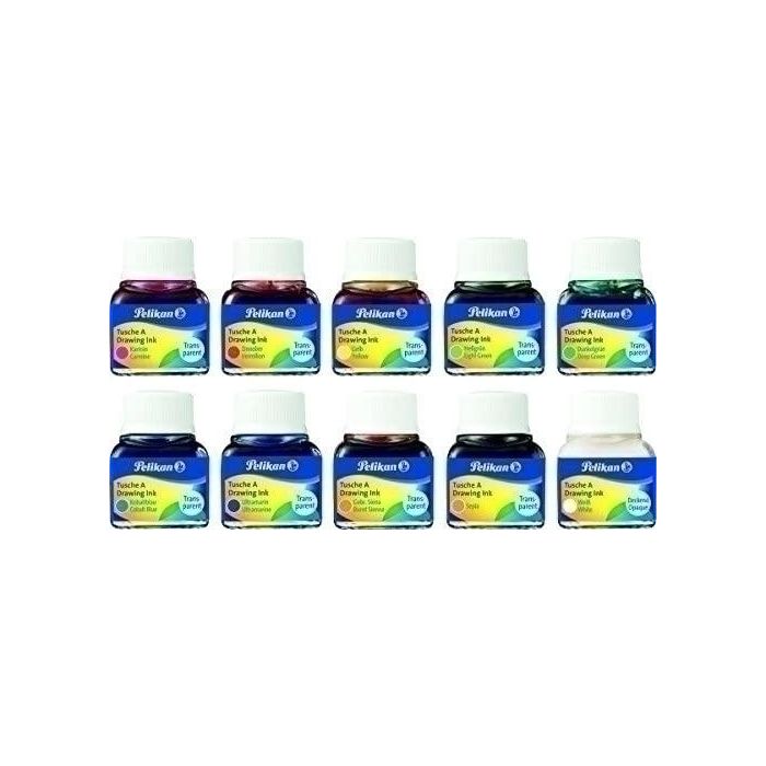 Tinta China Pelikan Frasco 10 Ml. Surtido De 10 Colores (249474) (Carmín, Bermellón, Amarillo, Verde Claro, Verde Oscuro, Azul Cobalto, Azul Ultramar, Siena, Sepia Y Blanco) 10 unidades