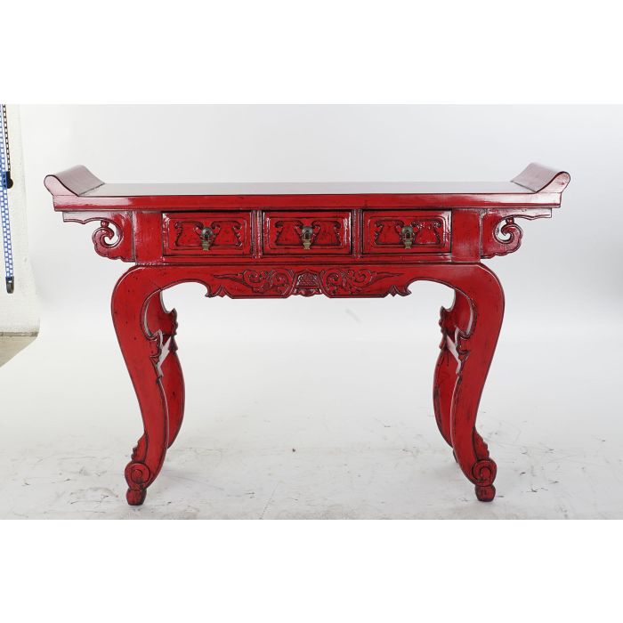 DKD Home Decor Consola Oriental de Olmo y Metal Color Rojo con 3 Cajones Mueble Auxiliar 135 cm Ancho x 89 cm Alto x 37 cm Fondo 4