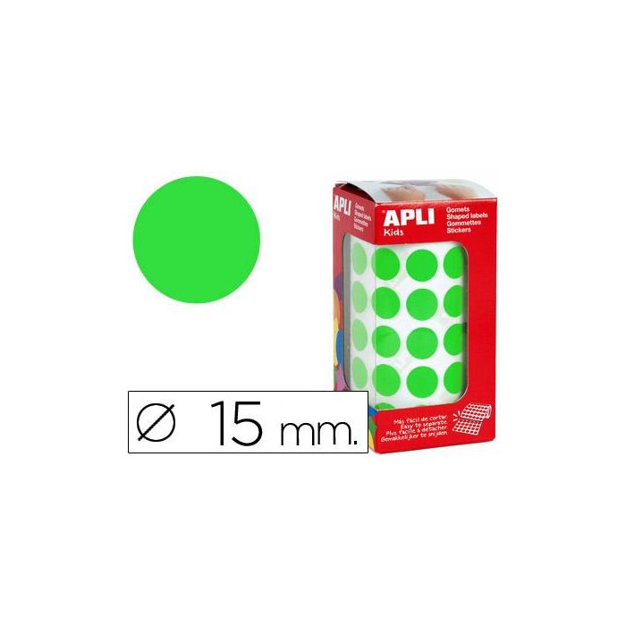 Apli Gomets Redondos 15 mm Rollo Verde -Rollo 2832 Unidades-