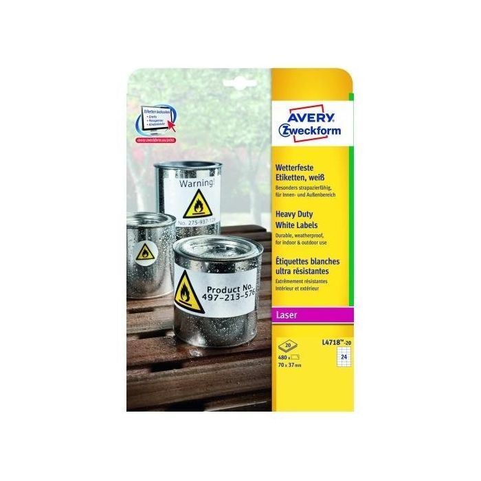 Avery Etiquetas Adhesivas Extra Resistentes 70x37 mm Láser 24 X 20H Poliéster Blanco Avery Etiquetas Adhesivas Extra Resistentes 70x37 mm Láser 24 X 20H Poliéster Blanco