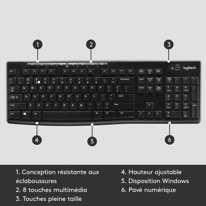 Logitech Teclado K270 Wireless Francés Inalámbrico 2.4 GHz hasta 10m, Resistente a Salpicaduras, Compatible con Windows 7/Vista/XP 4