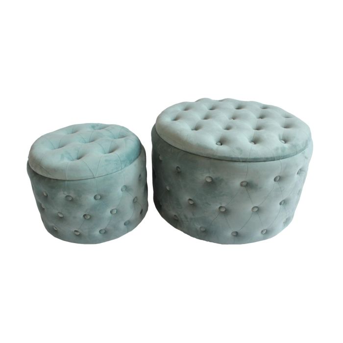 DKD Home Decor Reposapiés Glam Verde Set de 2 con Capitoné. Materiales: Poliéster y MDF. Dimensiones: 70cm Ancho x 70cm Fondo x 42cm Alto.