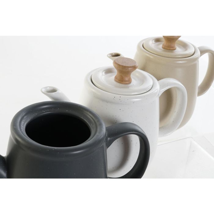 DKD Home Decor Tetera Scandi Colección Lianfeng 21 de Gres y Rubberwood 1L Beige Gris Oscuro (Juego de 3) 12x16.5x23 cm. Apta Microondas y Lavavajillas. 2
