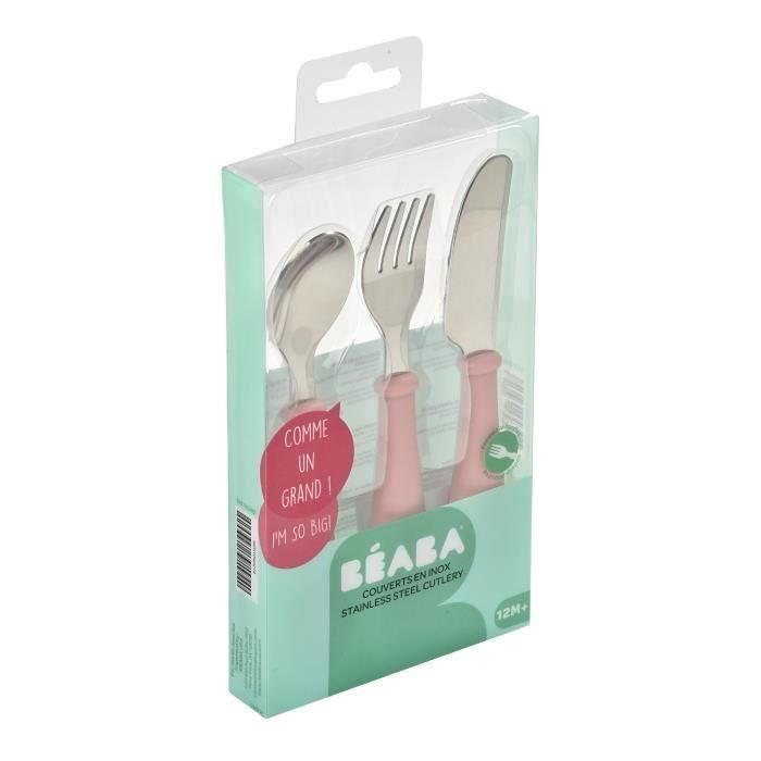 BEABA Set de 3 cubiertos antiguos de acero inoxidable rosa 3 BEABA Set de 3 cubiertos antiguos de acero inoxidable rosa 3