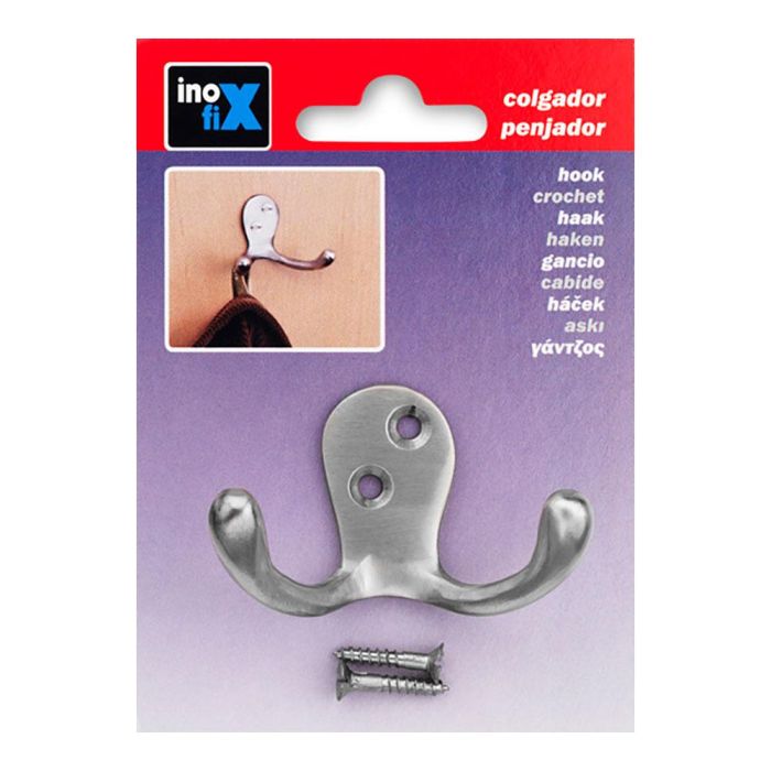 Inofix Colgador clásico doble de latón níquel satinado para sujección de prendas 1