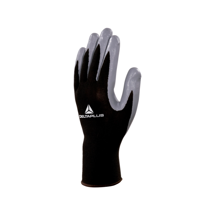 Deltaplus Guantes de Trabajo Poliester con Palma de Nitrilo para Mecánica, Grasas y Aceites, Negro-Gris, Talla 7 1