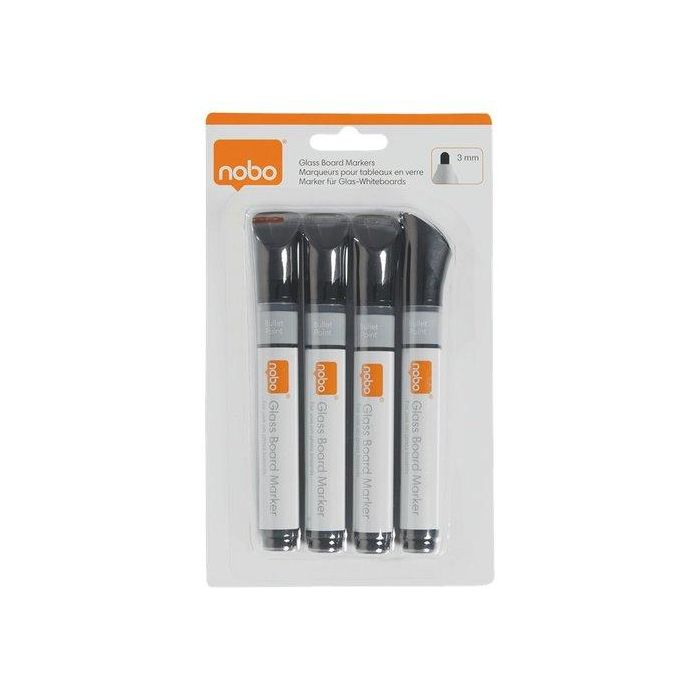 Nobo Rotuladores para Pizarra Blanca Punta Redonda 3 mm Negros, Blíster de 4 Unidades, Tinta Líquida Secado Rápido