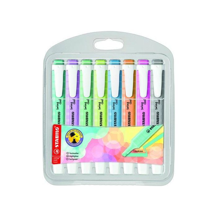 Stabilo Rotulador Fluorescente Fino Swing Cool Pastel, Estuche 8 Unidades Colores Surtidos, Trazo 2-5 mm, Tecnología Anti-Secado