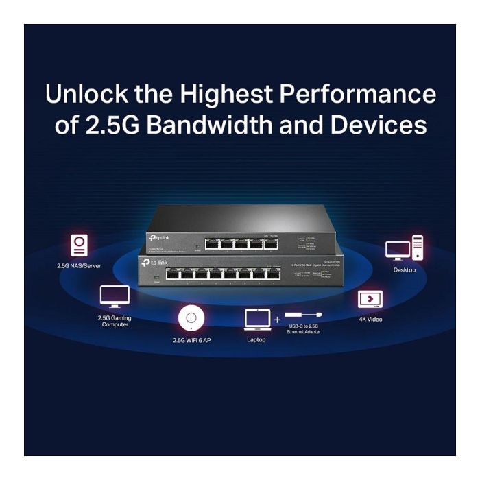 TP-Link TL-SG108-M2 Switch de escritorio 8 Puertos 2.5G Gigabit, 40 Gbps, Sin Ventilador, Plug & Play, Carcasa Metálica