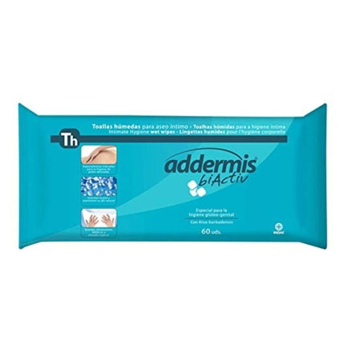 Addermis Biactiv Toallitas Húmedas para Adultos, Higiene Íntima Piel Sensible, Sin Jabón, Aloe Vera, Lavanda (60 Unidades)