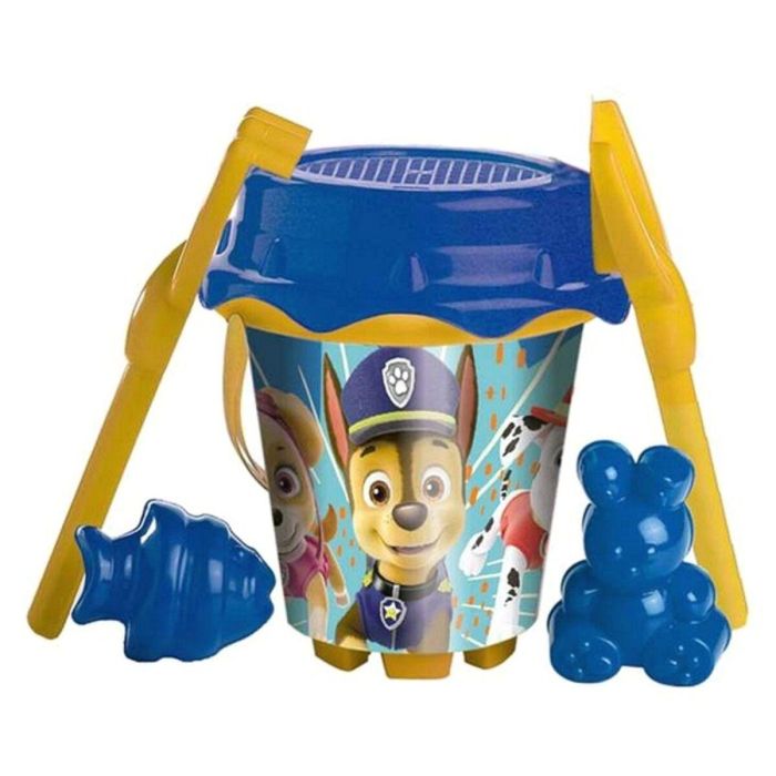 Cubo playa castillo paw patrol con cedazo, pala, rastrillo y moldes 18 cm - modelos surtidos 1