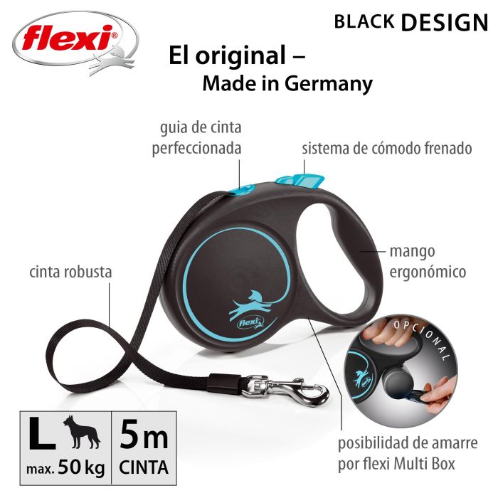 Flexi Correa Retráctil Black Design Cinta 5M Azul Talla L con Carcasa Negra y Diseño de Contraste 1 Flexi Correa Retráctil Black Design Cinta 5M Azul Talla L con Carcasa Negra y Diseño de Contraste 1