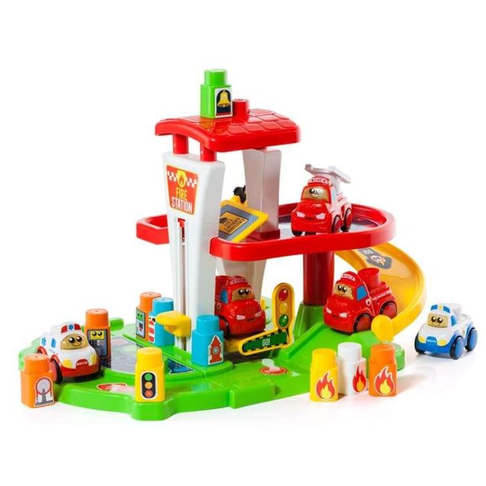 Juego construcción estación de bomberos con coche electrónico, luz y sonido 53x31x31 cms 14