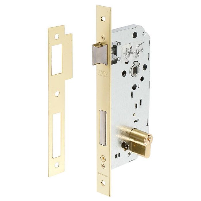 Tesa 2030/50/Hl Cerradura Embutir Madera, Ent. 50mm, DE 85mm, Frente Recto, Dorada, Reversible, Cilindro europerfil TE5