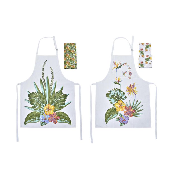 DKD Home Decor Delantal Tropic Garden Poliéster Tropical Multicolor Blanco 80x60 cm - Pack 4 Unidades (2 Sets)