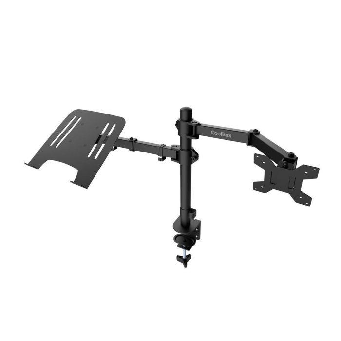 Coolbox Soporte de Monitor doble brazo para 2 monitores de hasta 32" o 1 monitor y portátil de 17", abrazadera, VESA 75/100, acero negro mate, 8 kg 1 Coolbox Soporte de Monitor doble brazo para 2 monitores de hasta 32" o 1 monitor y portátil de 17", abrazadera, VESA 75/100, acero negro mate, 8 kg 1