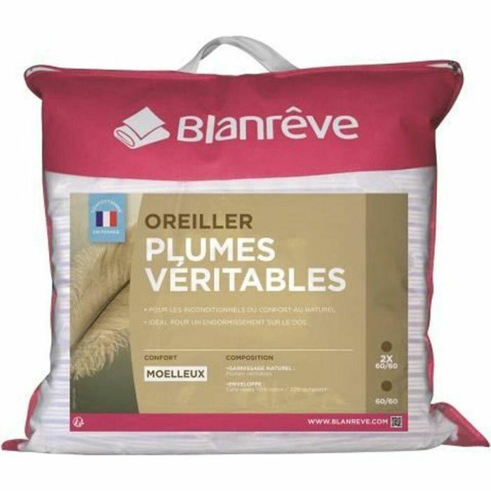 Blanreve Juego de 2 Almohadas de Plumas 100% Reales 60x60 cm - Confort Suave, Fabricación Francesa 2 Blanreve Juego de 2 Almohadas de Plumas 100% Reales 60x60 cm - Confort Suave, Fabricación Francesa 2
