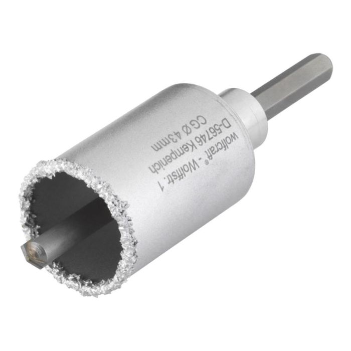Wolfcraft Corona de perforación recubierta de carburo de tungsteno Ø43 x 55 mm con adaptador y broca centradora, vástago hexagonal