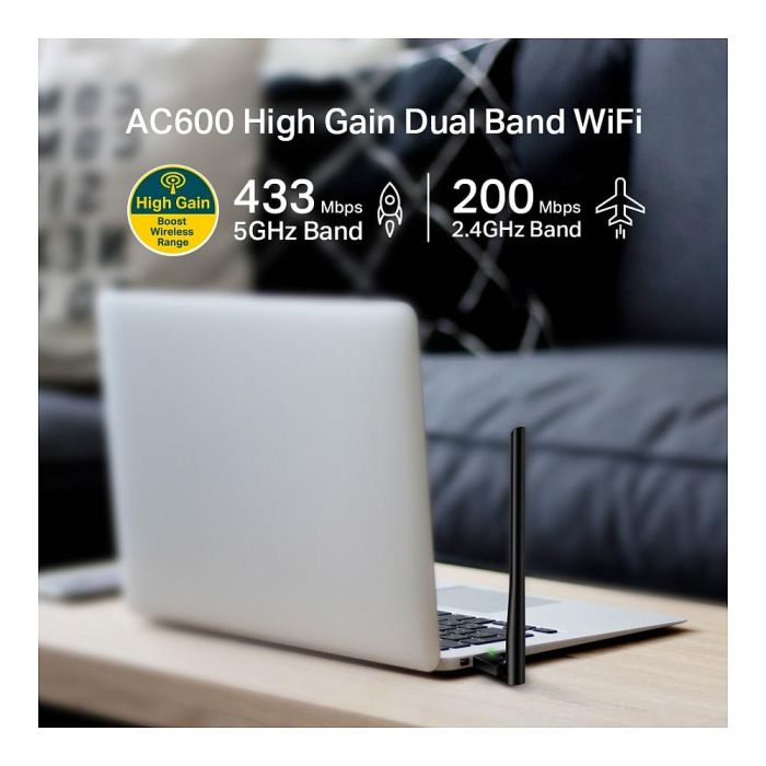 TP-LINK AC600 High Gain Wi-Fi Dual Band USB Adapter,433Mbps at 5GHz + 200Mbps at 2.4GHz, USB 2.0, 1