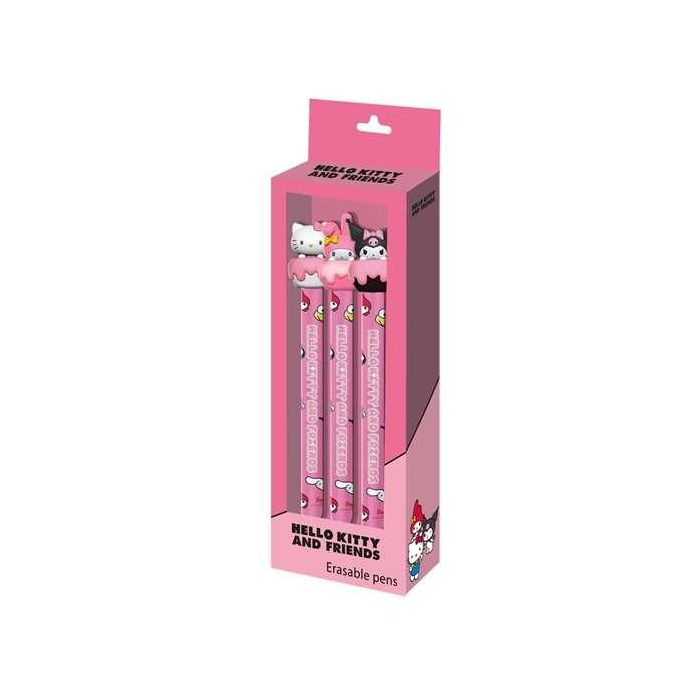 Karactermania Hello Kitty Pack 3 Bolígrafos Gel Borrables Tinta Azul con Figuras 3D Kuromi My Melody Rosa ABS Plástico PP 3.5x9.5x23 cm 1