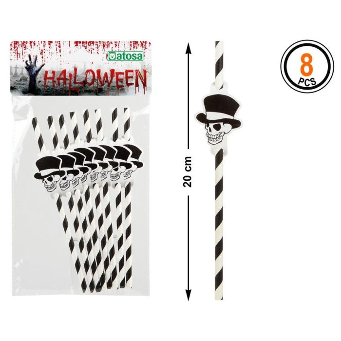 Atosa Set de 8 Pajitas de Plástico Calavera Halloween Blanco y Negro