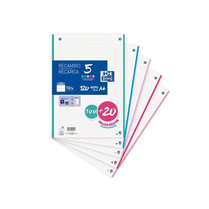 Oxford Recambio Classic 120Hojas A4 Sueltas 90gr 5 Colores Pastel 4 Taladros Compatible SCRIBZEE