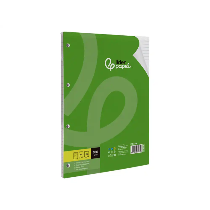 Liderpapel Recambio A4 100 Hojas 100gr Rayado Horizontal con Margen 4 Taladros 2
