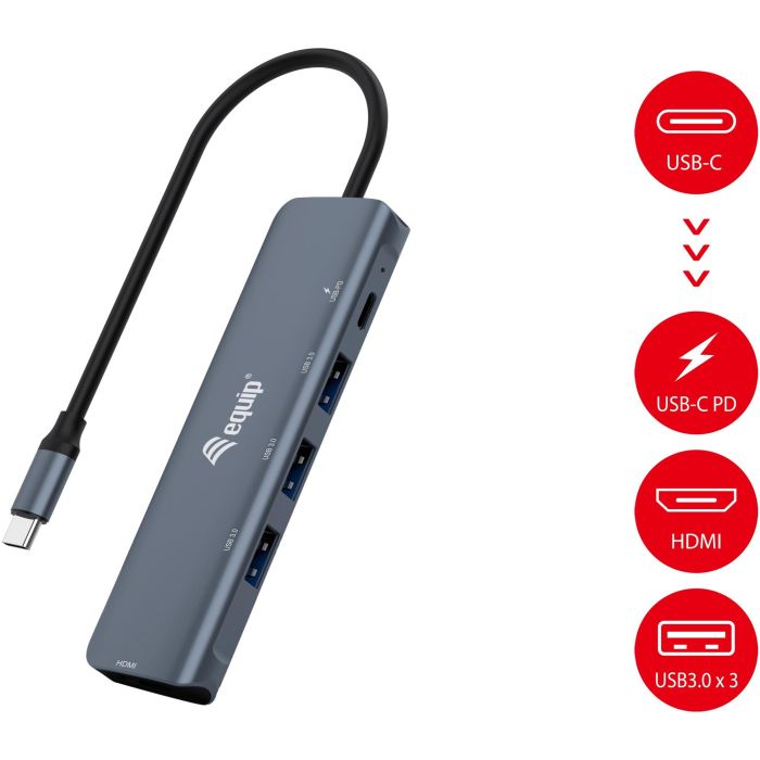 EQUIP Adaptador Multifunción USB-C a HDMI, 3xUSB 3.0, 100W PD, 25cm Gris 1