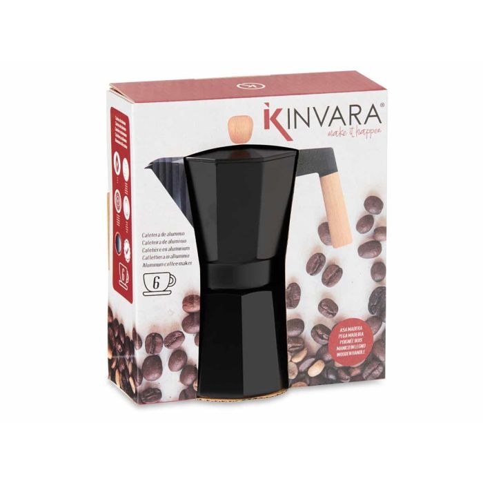 Kinvara Cafetera de Aluminio Negra 6 Tazas con Asa de Madera 16x10x19.5 cm (Set de 12) 2