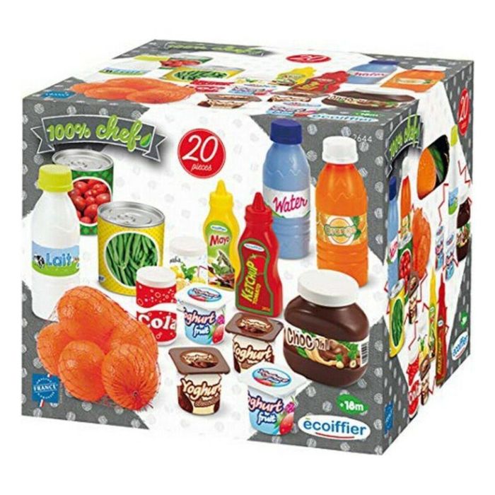 Ecoiffier Chef Pack Accesorios Cocina Dinette - Set de Alimentos de Juguete: Botellas, Leche, Ketchup, Yogures y Naranjas +18 meses