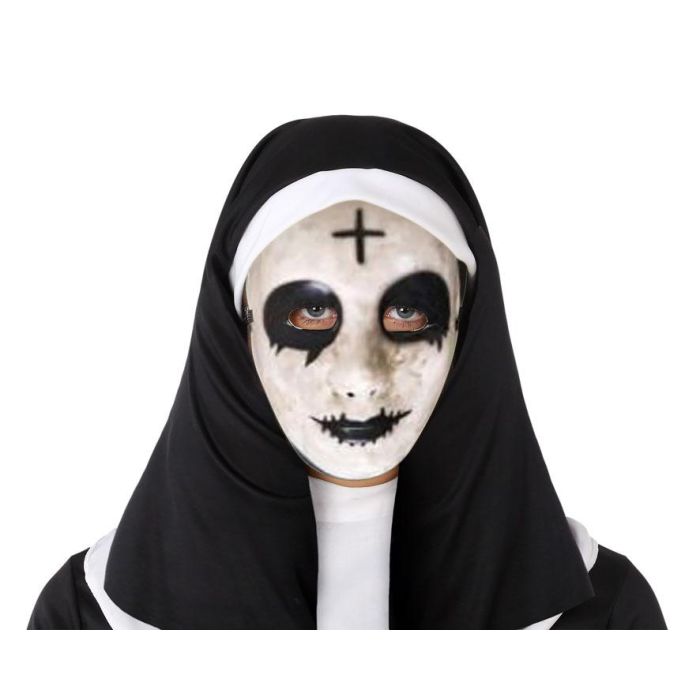 Máscara Monja Poseída Negra y Blanca para Halloween. Accesorio de disfraz de terror satánico.