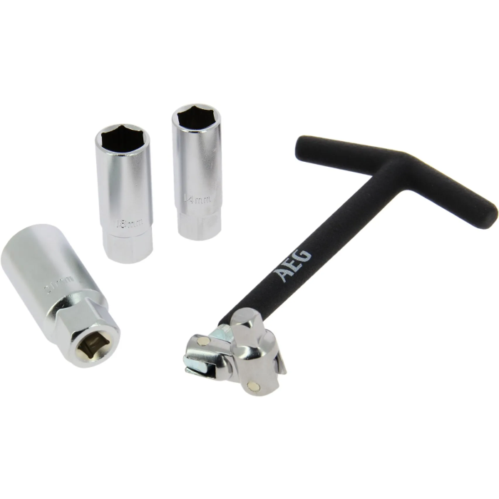 Aeg Llave Bujías Articulada con Rótula y 3 Manguitos 16-18-21mm Mango T Antideslizante Acero Inoxidable 5