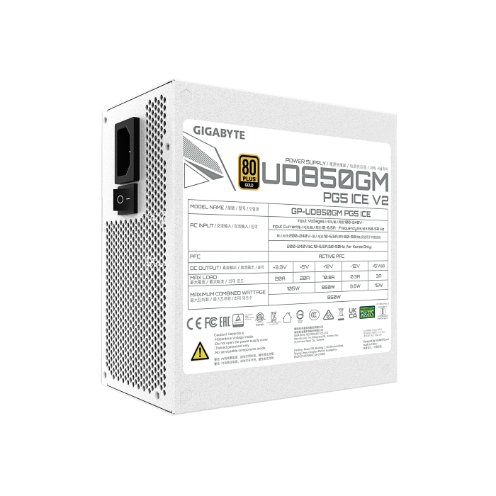 Gigabyte Ud850Gm Pg5 V2 Ice Fuente de Alimentación – Pcie Gen 5.1, 80 Plus Gold, Diseño Completamente Modular, Ventilador de 120 Mm, Compatible con Atx 3.1, Enchufe Eu 5